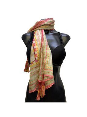 Johnny Was Printed Multi-Color Lightweight Scarf With Tassels
